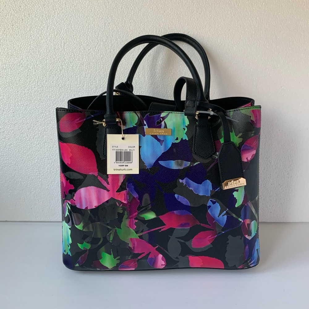 TRINA TURK Black Floral Vegan Leather Handbag NWT
